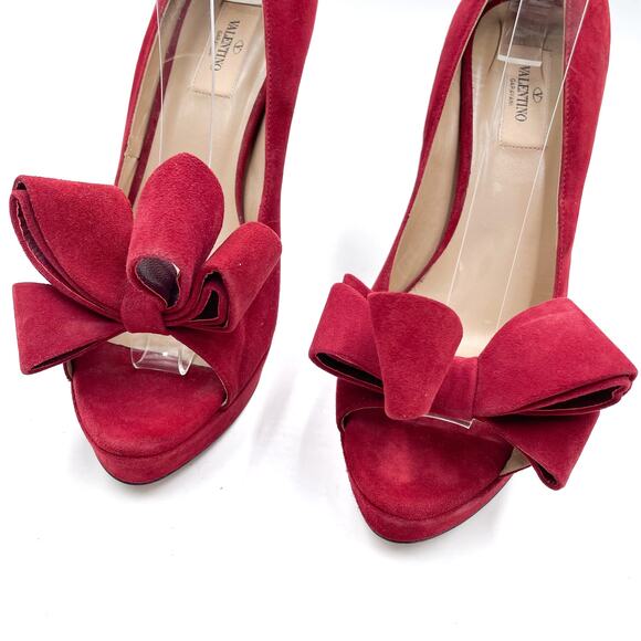 Valentino Pumps Red Suede Bow Stiletto Peep Toe Heels Sz 39.5 / 9.5 - Picture 4 of 12